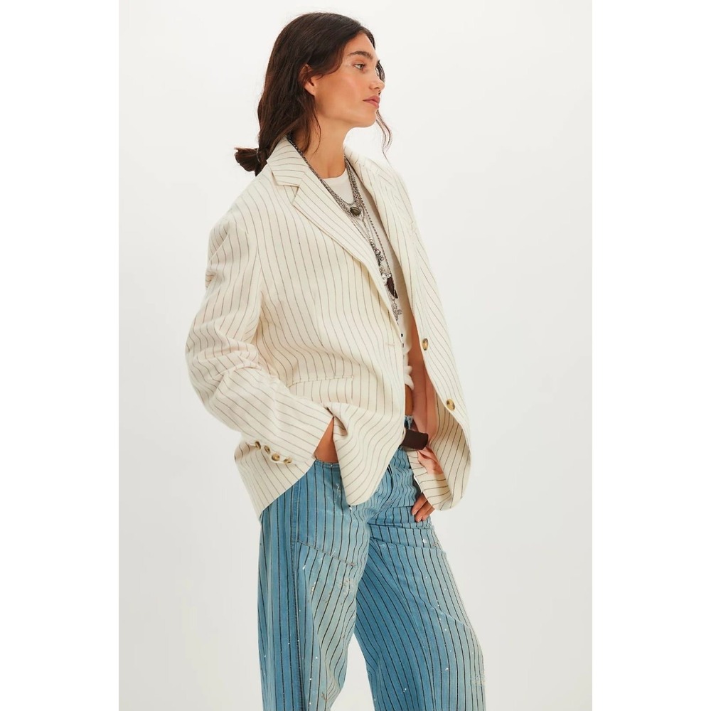 Free People Reggie Blazer Ivory Combo Pinstripe Oversized 90s Y2K Jacket Size M